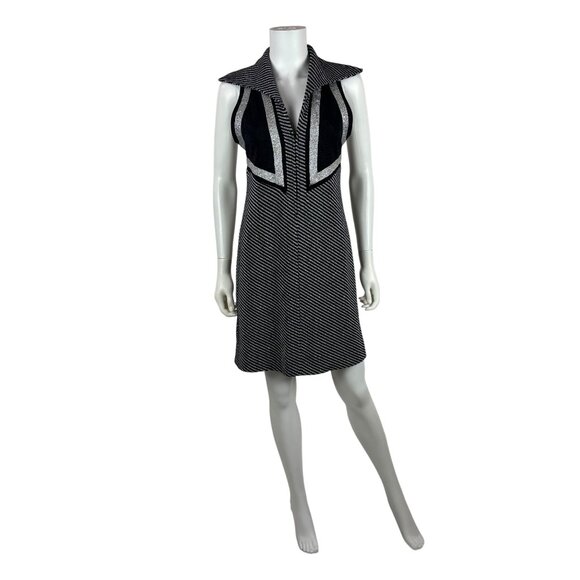 Vintage 70s Silver Mini Dress Womens XS Chevron Lurex Metallic Pointed Collar - Picture 1 of 11